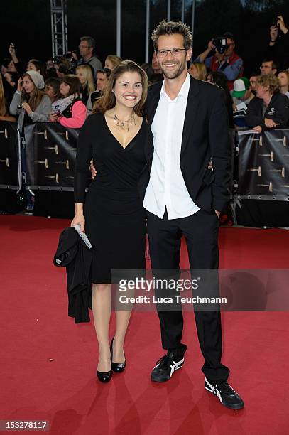 Katharina Wackernagel and Jonas Grosch arrive for the German TV Award 2012 at the Coloneum on October 2, 2012 in Cologne, Germany.