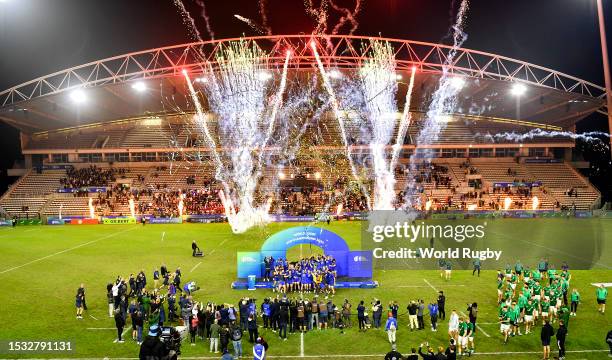 France U20 team celebrate with the trophy after winning the World Rugby U20 Championship during the World Rugby U20 Championship 2023 final match...