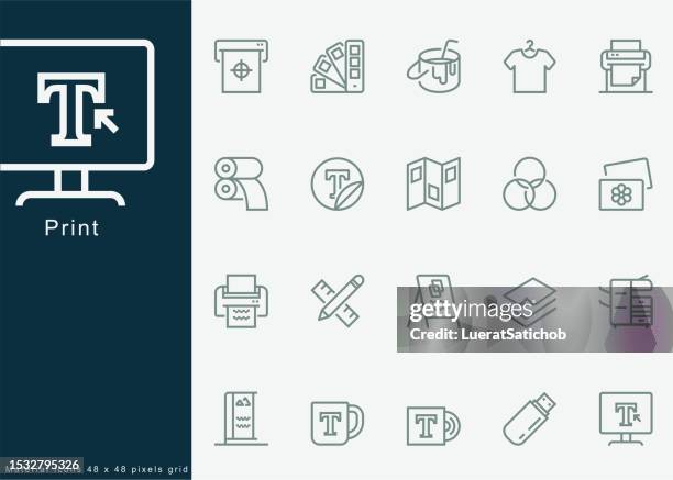bildbanksillustrationer, clip art samt tecknat material och ikoner med print, printer, image processing, printing industry, printing, photo printing, rand identity printed on products like brochure, banner, mug, plotter, graphic designer .for mobile and web.line icons - tryckeri
