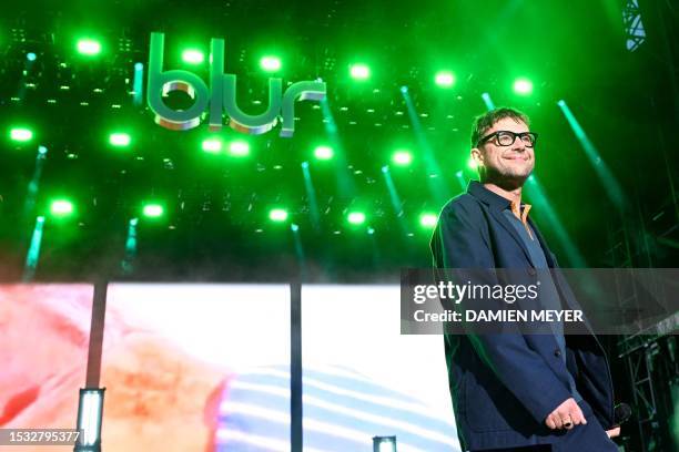 British band Blur singer Damon Albarn performs during the music festival Les Vieilles Charrues in Carhaix-Plouguer, western France, on July 14, 2023.