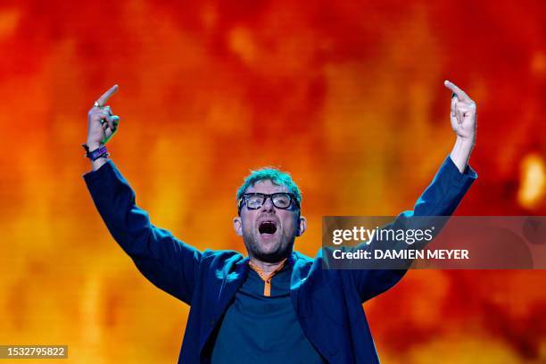 British band Blur singer Damon Albarn performs during the music festival Les Vieilles Charrues in Carhaix-Plouguer, western France, on July 14, 2023.