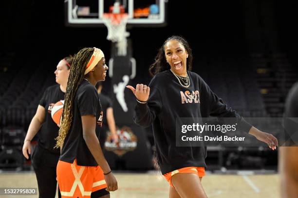 Ja Wilson of the Las Vegas Aces smiles during a WNBA All-Star Practice & Media Availability on July 14, 2023 at Michelob ULTRA Arena in Las Vegas,...