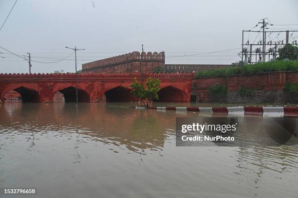 General view of a flooded street after the Yamuna River overflowed due to heavy rainfall in New Delhi, India on July 14, 2023.