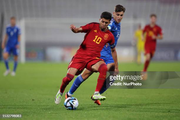 Ilias Akomach of Spain in action during the UEFA 2023 Under-19 EURO semi-final soccer match between Spain and Italy at the National Stadium, on July...