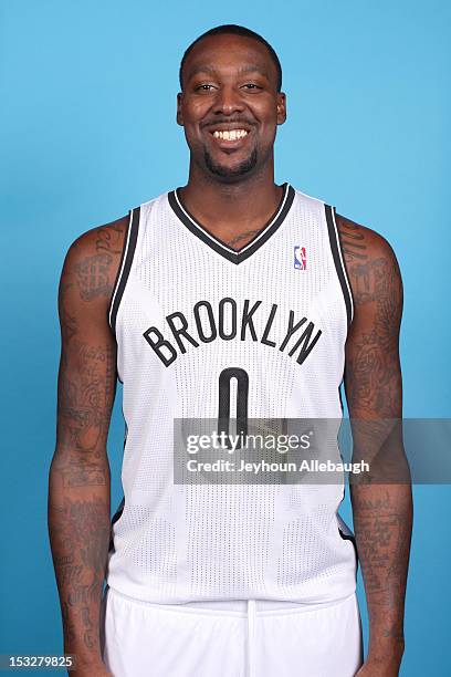 Andray Blatche of the Brooklyn Nets poses for a portrait at Media Day on October 1, 2012 at Barclays Center in Brooklyn Borough of New York, New...