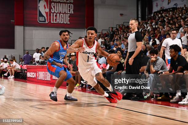 Johnny Davis of the Washington Wizards drives to the basket during the 2023 NBA Las Vegas Summer League on July 14, 2023 at the Cox Pavilion in Las...