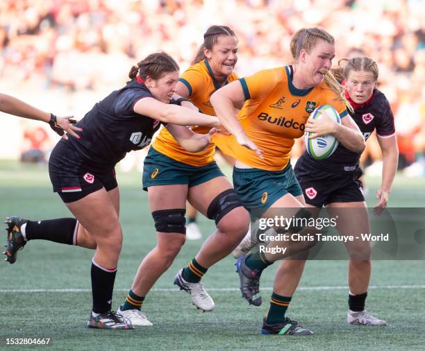 Arabella Mckenzie of the Australia Wallaroos runs with the ball against Canada during the World Rugby Pacific Four Series at TD Place Stadium on July...