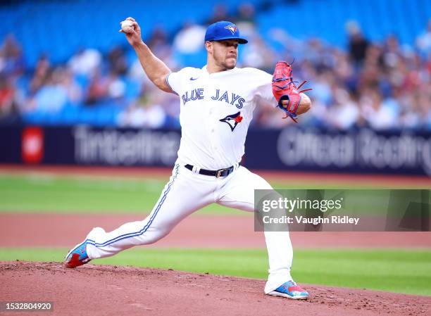 Jose Berríos of the Toronto Blue Jays delivers a pitch in the first inning against the Arizona Diamondbacks at Rogers Centre on July 14, 2023 in...