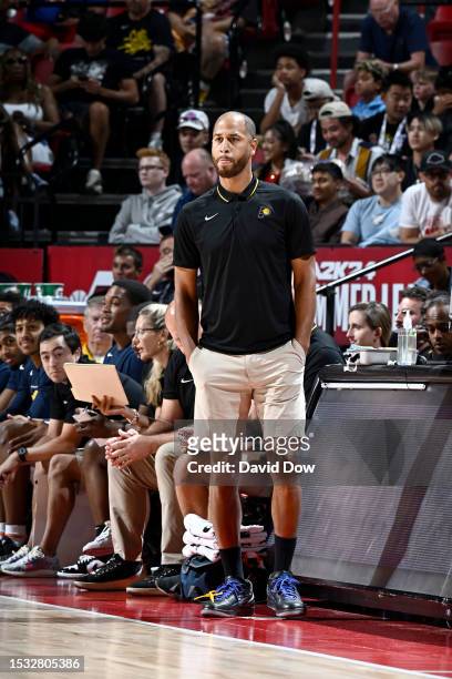 Assistant Coach Jannero Pargo of the Indiana Pacers looks on during the game against the Dallas Mavericks during the 2023 NBA Las Vegas Summer League...