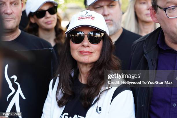 Fran Drescher is seen walking the picket line with striking WGA and SAG-AFTRA members on July 14, 2023 in Burbank, California.