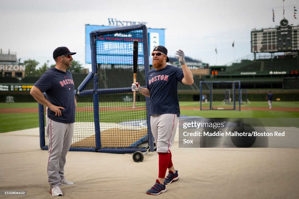 Fatse Boston Red Sox hitting coach Pete Fatse reacts with Justin Turner of ...