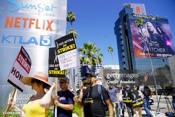 Actors in the SAG-AFTRA union join the already striking WGA union, film and tv writers on the picket line, on Day 3 of a SAG-AFTRA strike, in Los...