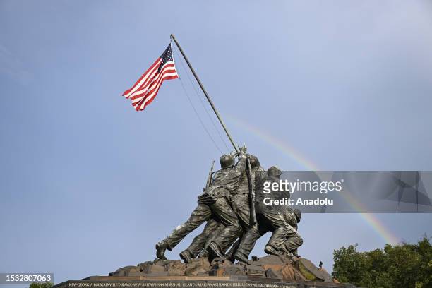 Rainbow appears over US Marine Corps War Memorial in Washington, USA on July 14, 2023.