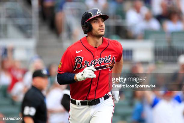 Atlanta Braves first baseman Matt Olson reacts after hitting a grand slam during the MLB game between the Chicago White Sox and the Atlanta Braves on...