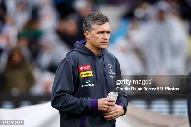 Justin Longmuir, Senior Coach of the Dockers is seen during the 2023 AFL Round 18 match between the Collingwood Magpies and the Fremantle Dockers at...
