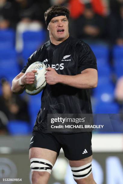 Scott Barrett of New Zealand warms up during the Rugby Championship test match between New Zealand and South Africa played at Mt Smart Stadium in...