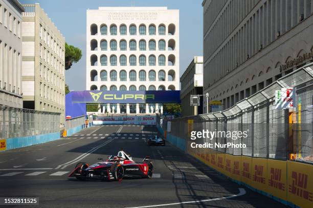 Pascal Wehrlein of Germany and TAG Heuer Porsche drives in free practices 2 during Formula E 2023 Rome E-Prix at the Rome EUR city track on July 15,...