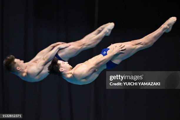 Britain's Jack Laugher and Britain's Anthony Harding compete in the final of the men's 3m synchronised diving event during the World Aquatics...