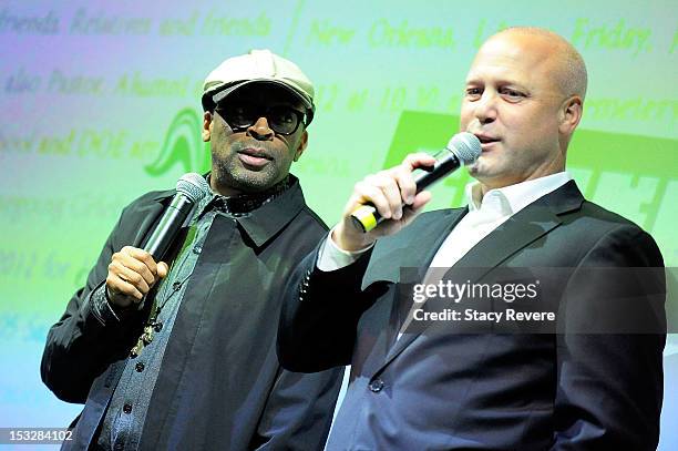Director Spike Lee and New Orleans Mayor Mitch Landrieu speak to the audience for the "Flip the Script" Public Awareness campaign launch at The Joy...
