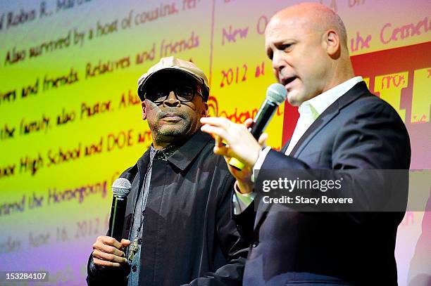 Director Spike Lee and New Orleans Mayor Mitch Landrieu speak to the audience for the "Flip the Script" Public Awareness campaign launch at The Joy...