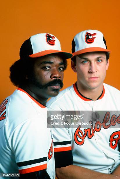 Eddie Murray and Cal Ripken Jr of the Baltimore Orioles poses together for this photo before a Major League Baseball game circa 1983 at Memorial...