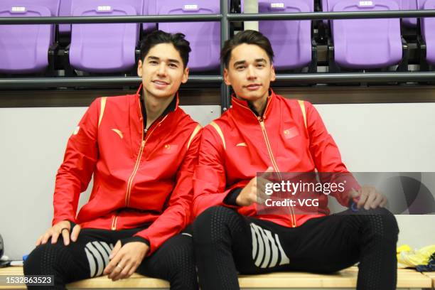 Sandor Liu Shaolin and Liu Shaoang of Chinese Short Track Speed Skating National Team attend a training session on July 11, 2023 in Beijing, China.