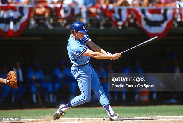 Dale Murphy of the Atlanta Braves bats against the San Diego Padres during an Major League Baseball game circa 1982 at Jack Murphy Stadium in San...