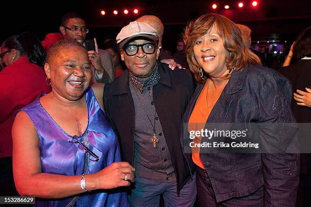 Patrina Peters, Director Spike Lee, and Big Queen Rita Dollis of the Wild Magnolias Mardi Gras Indians attend the "Flip the Script" Public Awareness...