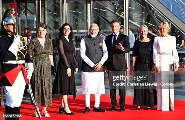 From left: President-Director of the Louvre Museum Laurence des Cars, French Culture Minister Rima Abdul-Malak, Indian Prime Minister Narendra Modi,...