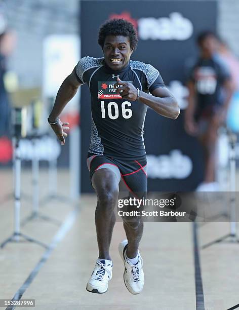 Brendan Beno from Bougainville, Papua New Guinea runs during the Sprint Fitness Assessment during the 2012 AFL Draft Combine at Etihad Stadium on...