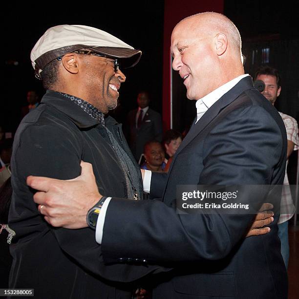 Director Spike Lee and New Orleans Mayor Mitch Landrieu attend the "Flip the Script" Public Awareness campaign launch at The Joy Theater on October...