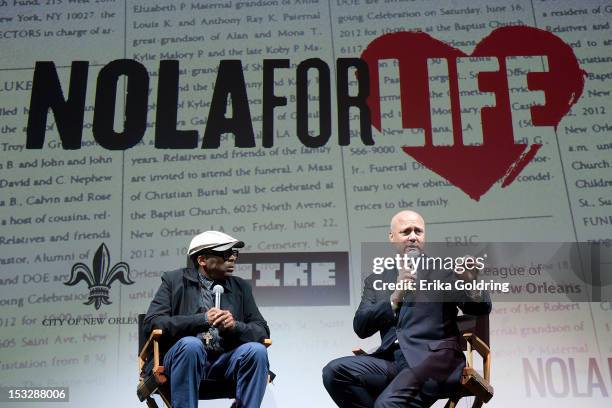 Director Spike Lee and New Orleans Mayor Mitch Landrieu address attendees at the "Flip the Script" Public Awareness campaign launch at The Joy...