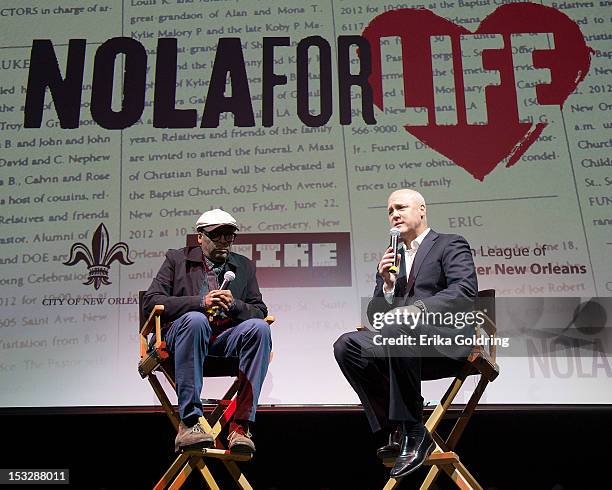 Director Spike Lee and New Orleans Mayor Mitch Landrieu address attendees at the "Flip the Script" Public Awareness campaign launch at The Joy...