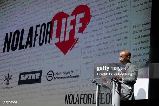 Urban League of Greater New Orleans President & CEO Nolan Rollins addresses the audience at the "Flip the Script" Public Awareness campaign launch at...