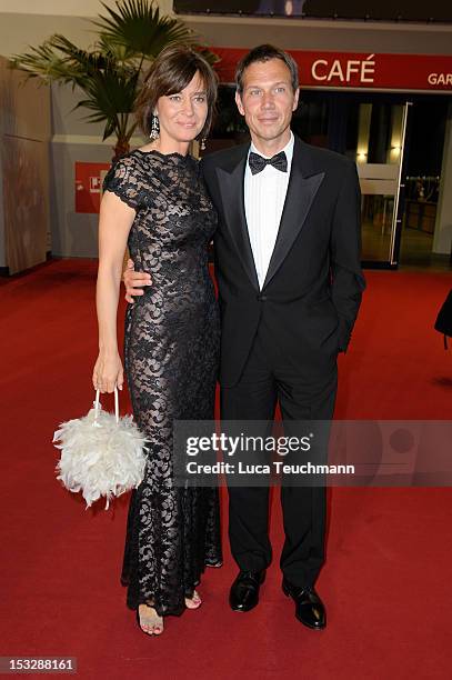 Maybrit Illner and Rene Obermann attend the German TV Award party 2012 at Coloneum on October 2, 2012 in Cologne, Germany.