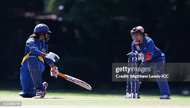 Inoka Galagedara of Sri lanka is stumped by Sulakshana Naik of India during the ICC Women's World Twenty20 2012 Play Off match between Sri Lanka and...