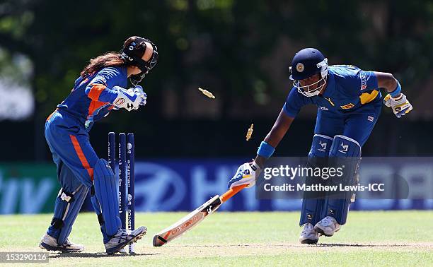 Chamari Atapattu of Sri Lanka is stumped by Sulakshana Naik of India during the ICC Women's World Twenty20 2012 Play Off match between Sri Lanka and...