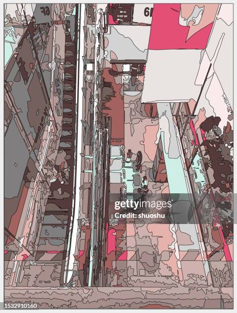 outline style neon colors metaverse indoor scene, elevators in shopping malls - storefront-for-art-and-architecture stock illustrations