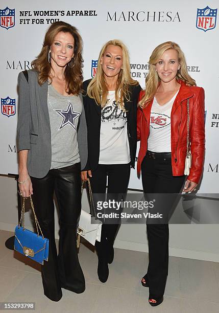 Charlotte Anderson, Suzanne Johnson and Tavia Hunt attend the Limited Edition Marchesa/NFL Collaboration Launch at National Football League on...