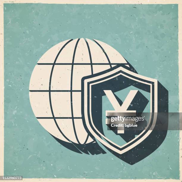 yen shield with globe. icon in retro vintage style - old textured paper - security shield background stock illustrations