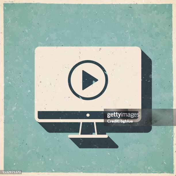 desktop computer with play button. icon in retro vintage style - old textured paper - play button background stock illustrations