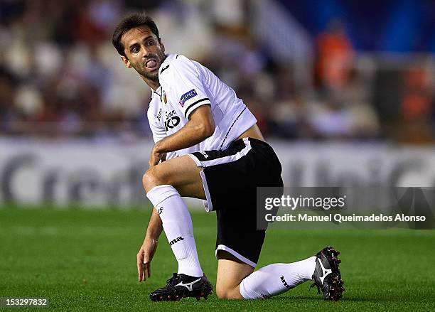 Jonas of Valencia reacts during the UEFA Champions League group F match between Valencia CF and LOSC Lille Metropole at Estadi de Mestalla on October...