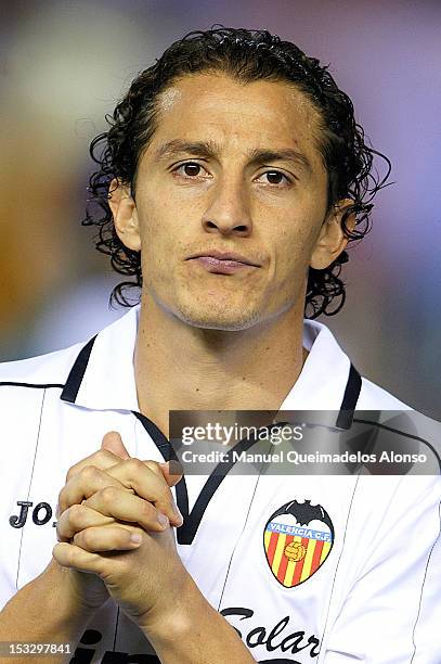 Andres Guardado of Valencia looks on before the UEFA Champions League group F match between Valencia CF and LOSC Lille Metropole at Estadi de...