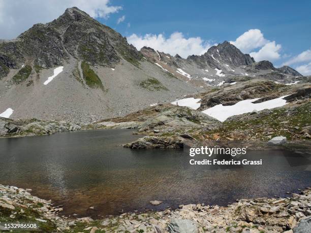 view of lago ghiacciato in the rhaetian alps - ghiacciato fotografías e imágenes de stock