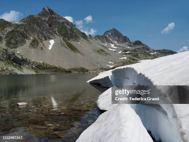 snow at lago ghiacciato near pass da suretta and splügen pass - ghiacciato fotografías e imágenes de stock