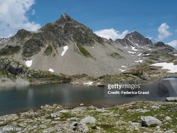view of lago ghiacciato in the rhaetian alps - ghiacciato fotografías e imágenes de stock
