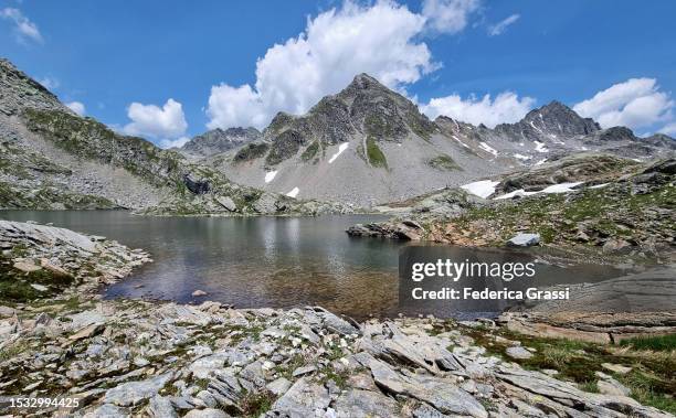 view of lago ghiacciato in the rhaetian alps - ghiacciato stock-fotos und bilder