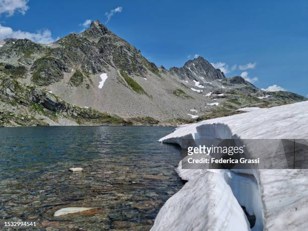snow at lago ghiacciato near pass da suretta and splügen pass - ghiacciato stock-fotos und bilder