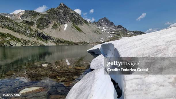 snow at lago ghiacciato near pass da suretta and splügen pass - ghiacciato stock-fotos und bilder