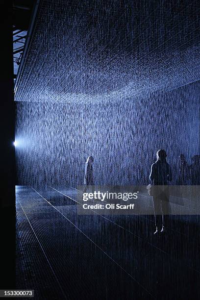 Members of the public experience the 'Rain Room' art installation by 'Random International' in The Curve at the Barbican Centre on October 3, 2012 in...